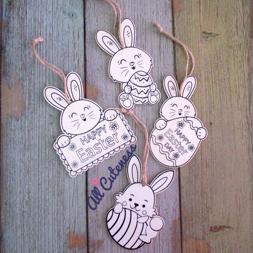 (NWOT) 4pc Easter Bunny Wooden Ornaments Decor